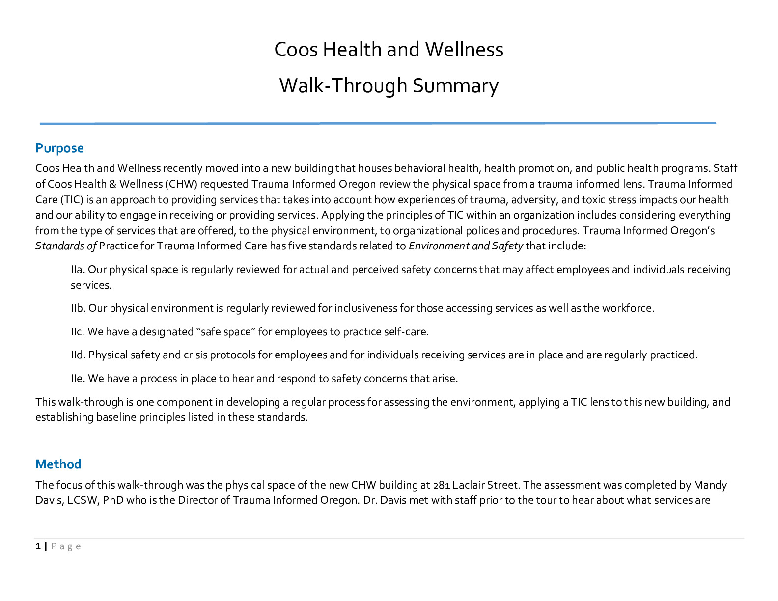 Coos Health and Wellness - walk through summary