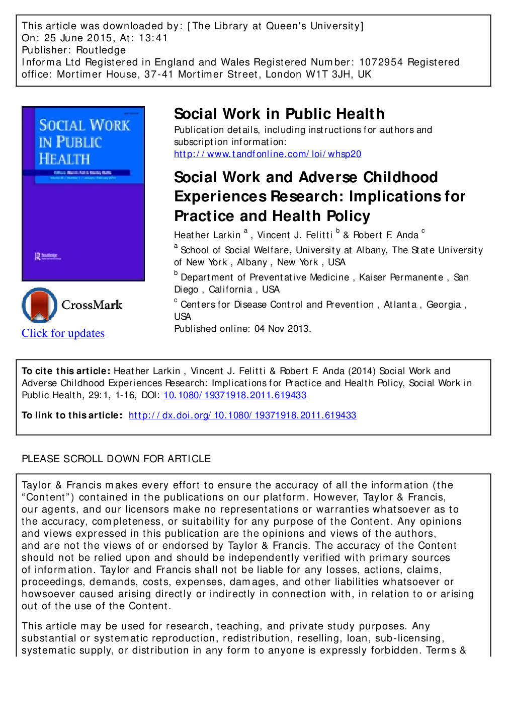 Larkin et al., 2014, Social Work and ACE Research