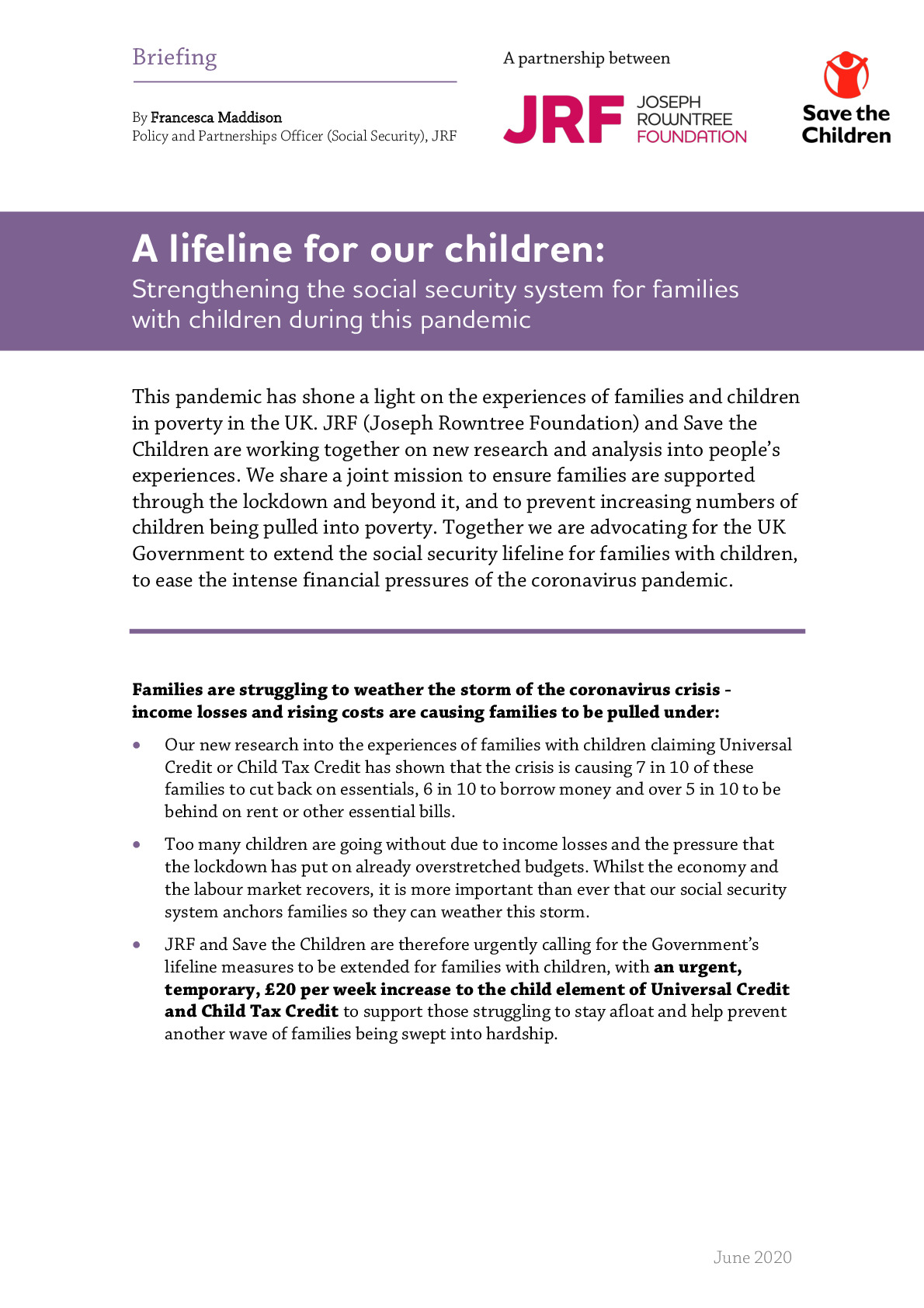 Save the Children and Joseph Rowntree Foundation Joint Briefing on Lifeline for Children